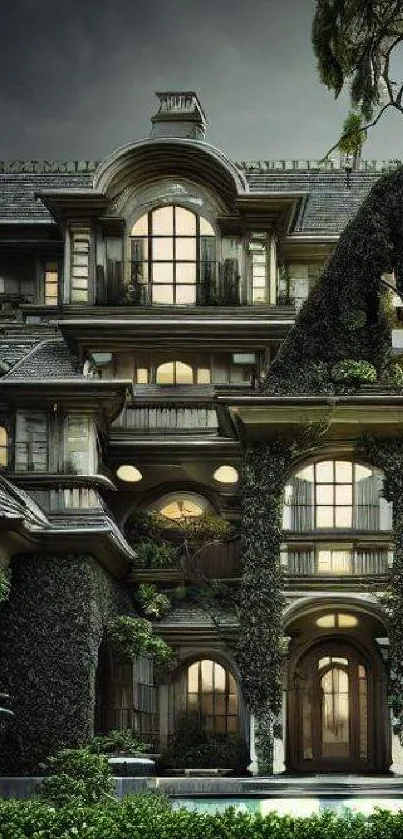 Elegant mansion with ivy-covered facade and greenery.