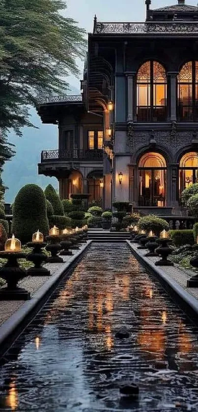 Elegant mansion with water path and lush greenery in evening light.