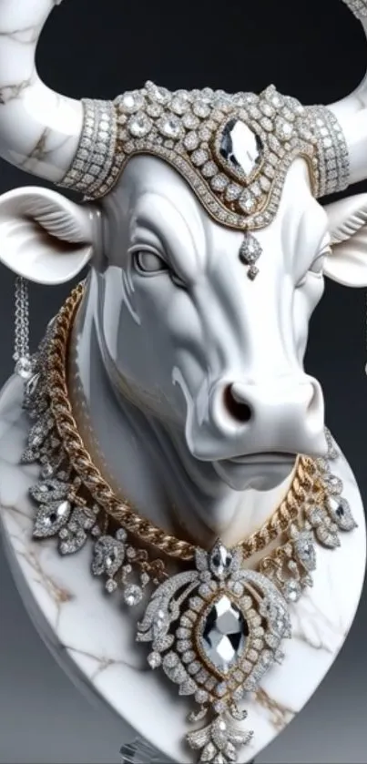 Marble bull sculpture adorned with jewelry