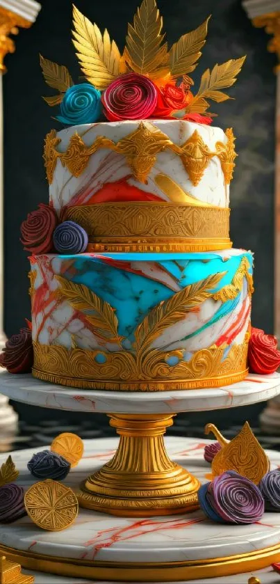 Luxurious marble cake with gold and floral decorations.
