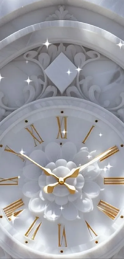 Elegant marble clock with gold accents on a detailed face.