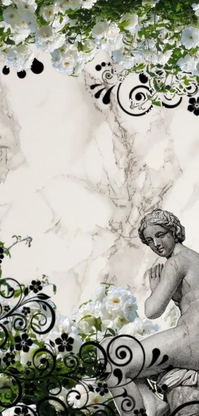Marble background with floral design and statue detail.