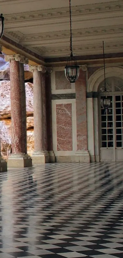 Elegant marble hallway with columns and checkered flooring.