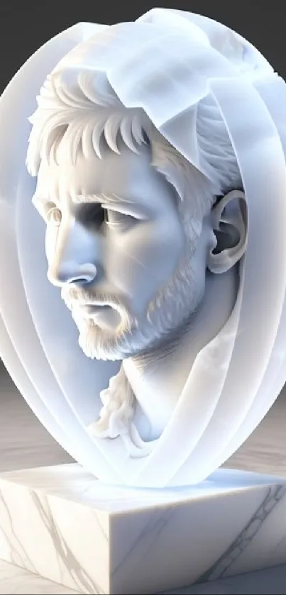 Marble head sculpture with intricate design on a gray background.
