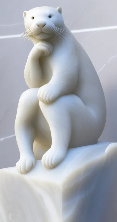 A marble otter sculpture rests elegantly on a light gray base.