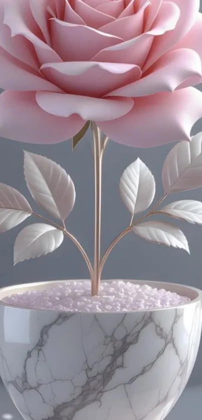 Wallpaper of a marble pot with a pink rose and leaves.