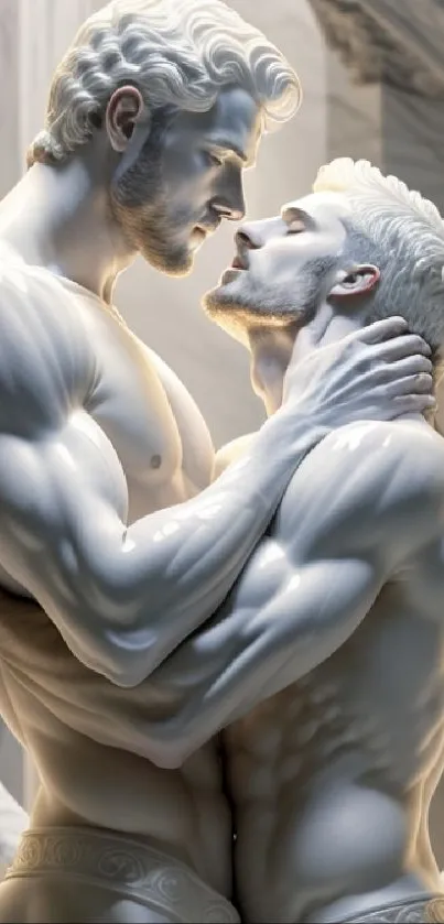 Marble sculpture of two embracing figures with intricate details.