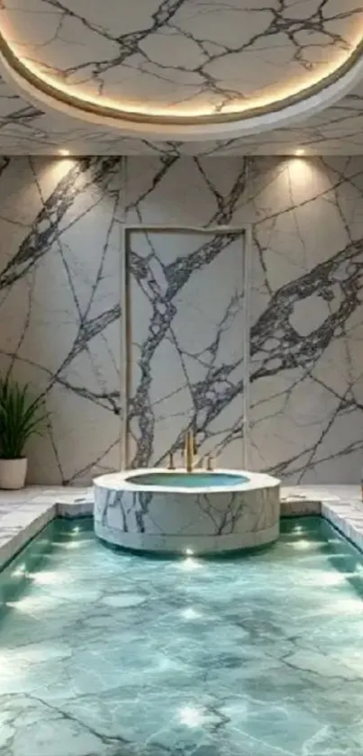 Luxurious marble-themed spa with elegant indoor pool.