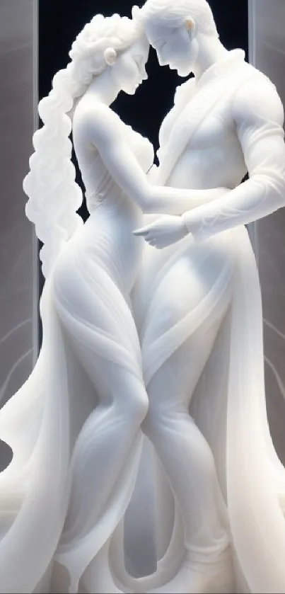 Marble statue of a couple embracing, elegance and romance in art.