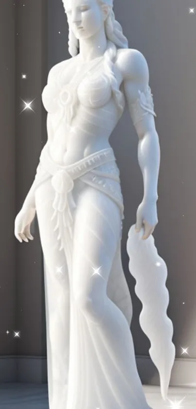 Elegantly detailed white marble statue on a subtle background with stars.