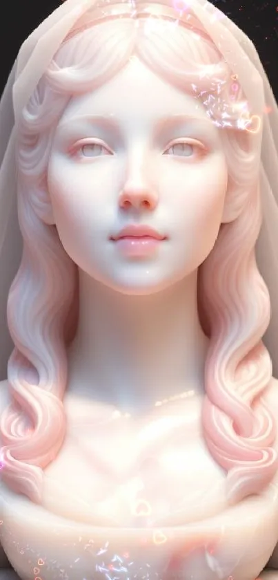 Marble statue bust with delicate pink hue and serene expression.