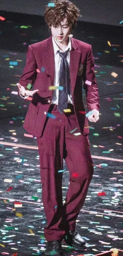 Person in maroon suit with confetti on floor.