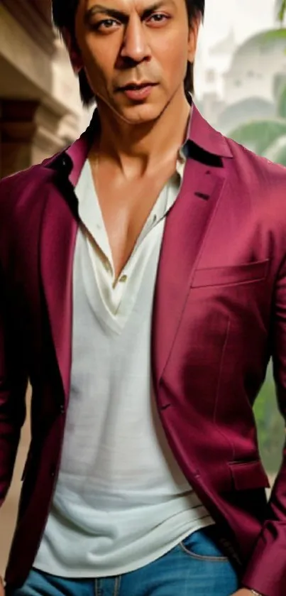 Man in a maroon suit standing outdoors, showcasing elegance and style.