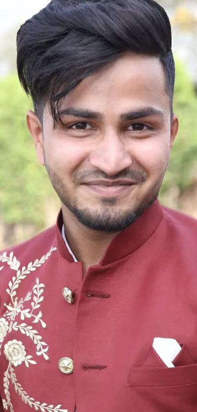 Man in embroidered maroon suit portrait.