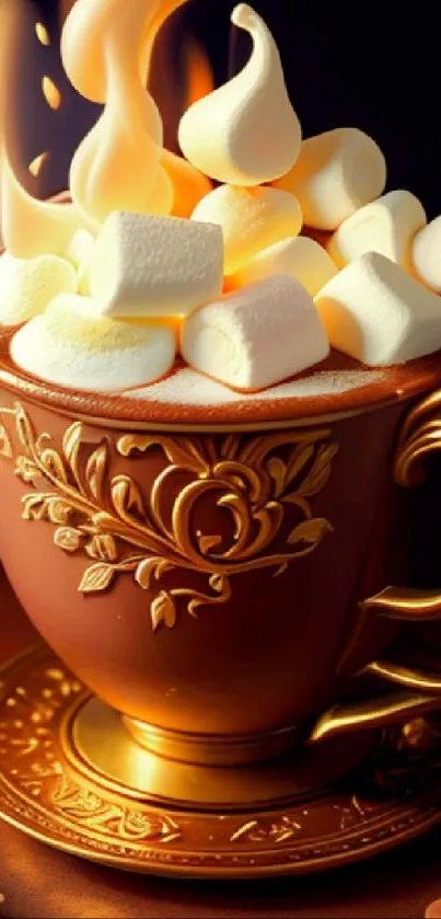 Ornate cup of cocoa with marshmallows and flames, creating a warm design.
