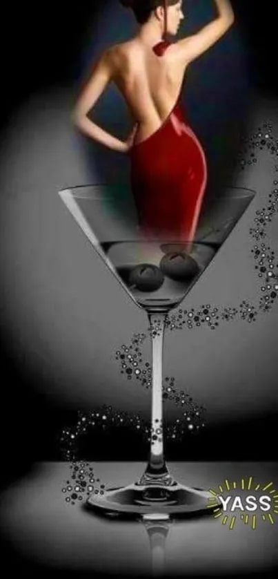 Elegant lady in red dress within martini glass wallpaper.