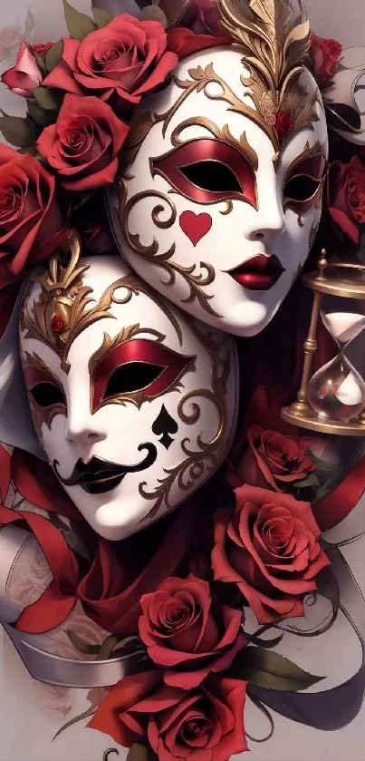 Venetian masks adorned with red roses and detailed patterns.