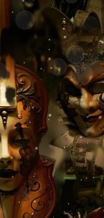 Elegant wallpaper with Venetian masks and violin in earthy tones.