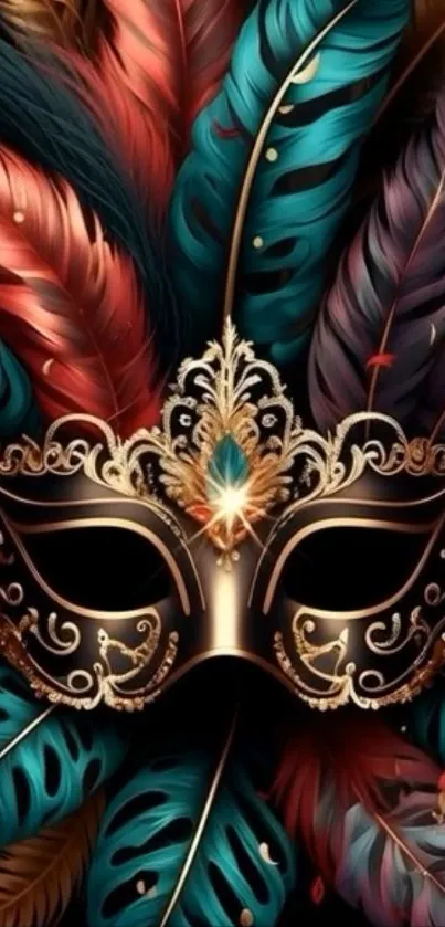 An ornate mask surrounded by colorful feathers in teal, red, and gold hues.