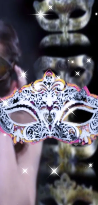 Elegant masquerade mask with sparkles on a dark background.