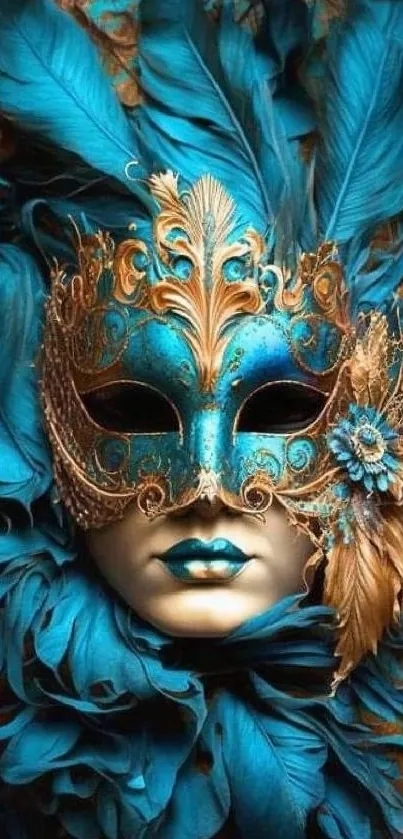 Turquoise and gold feathered mask wallpaper.