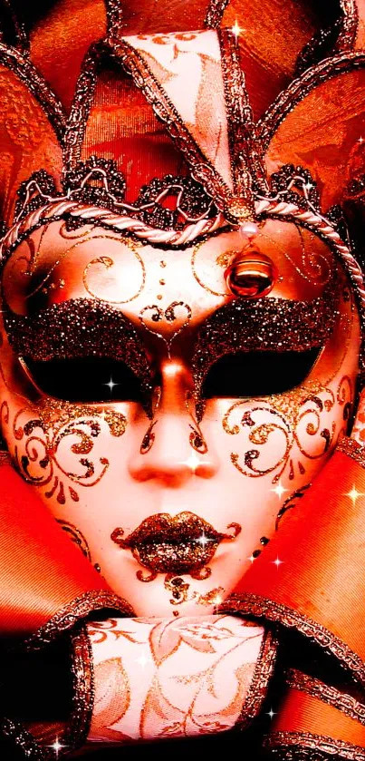 Elegant mask with red and gold ornate details.