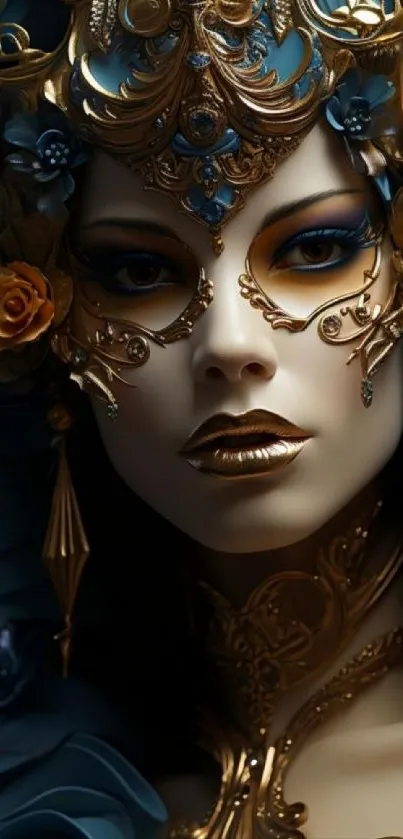 Elegant masked woman with golden accents and floral details in digital illustration.