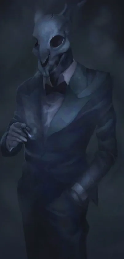 Enigmatic figure in a dark suit with an animal mask in a mysterious setting.