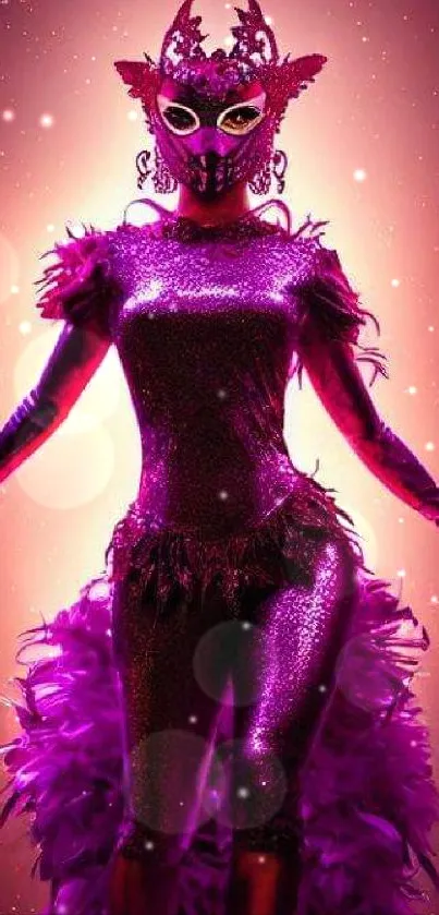 Mysterious masked figure in glittering magenta costume with ornate details.