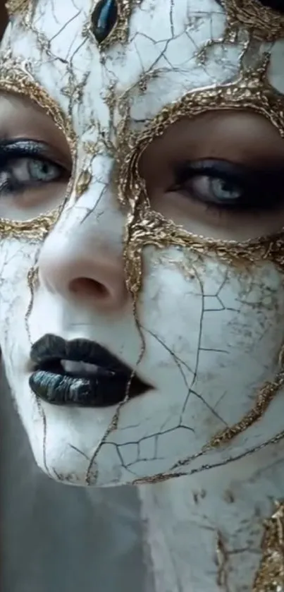A detailed artistic masked face with gold accents, perfect for mobile wallpaper.