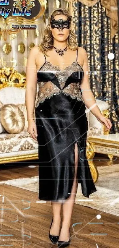 Elegant black satin gown at a masquerade with opulent gold decor.