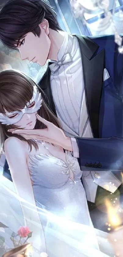 Elegant anime masquerade scene with a couple in formal wear.