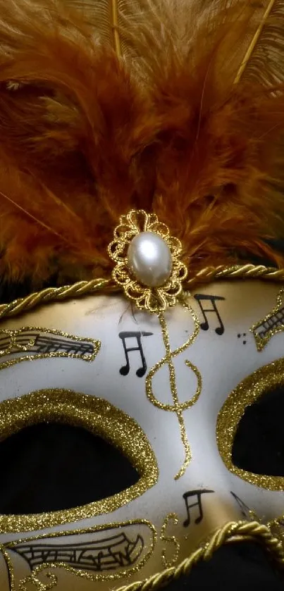 Elegant masquerade mask with gold and musical notes detail.