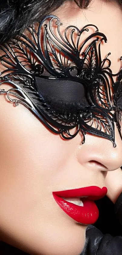 Elegant masquerade mask with red lips.