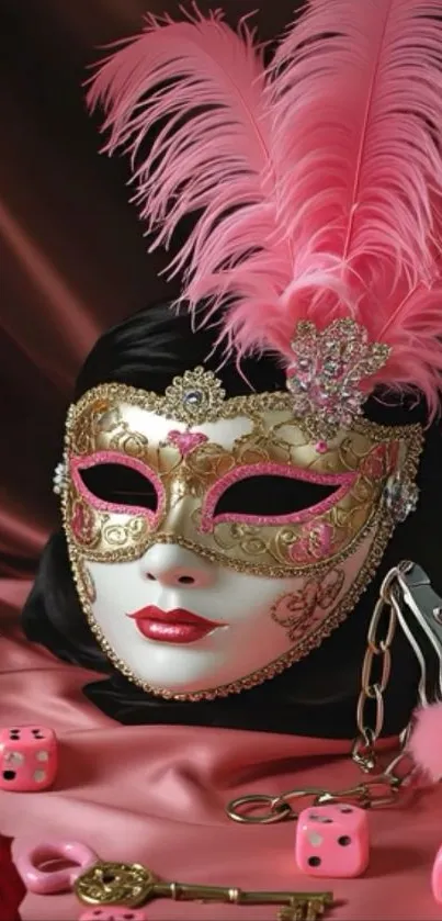 Ornate masquerade mask with pink feathers.