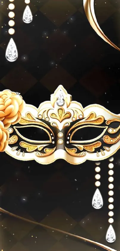 Elegant gold and black masquerade mask wallpaper with pearls.