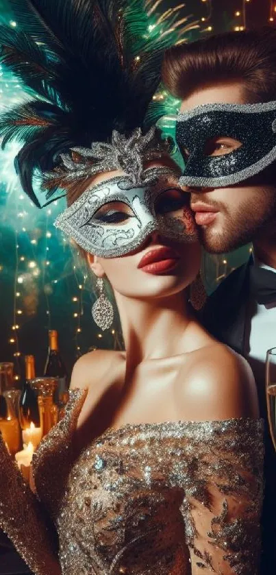 Elegant couple in masks celebrating with champagne at a masquerade party.
