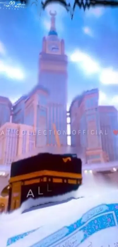 Mecca cityscape with Kaaba and blue sky, featuring Islamic architecture.