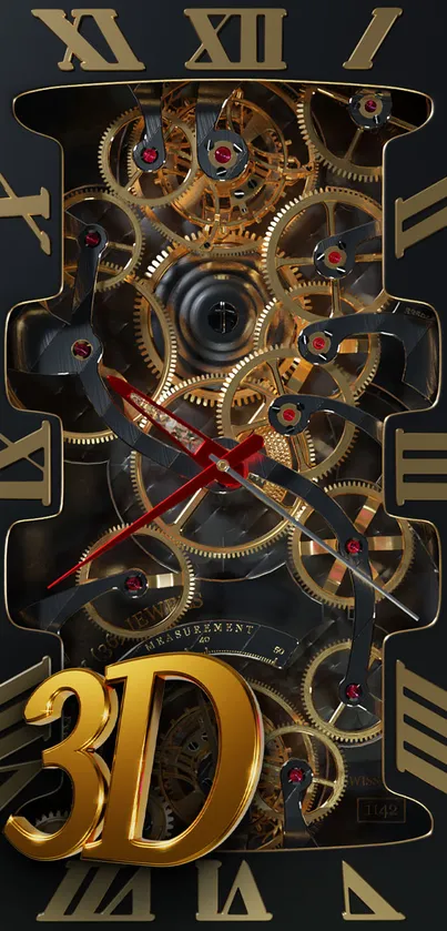 Elegant clock design with golden gears and Roman numerals for mobile wallpaper.