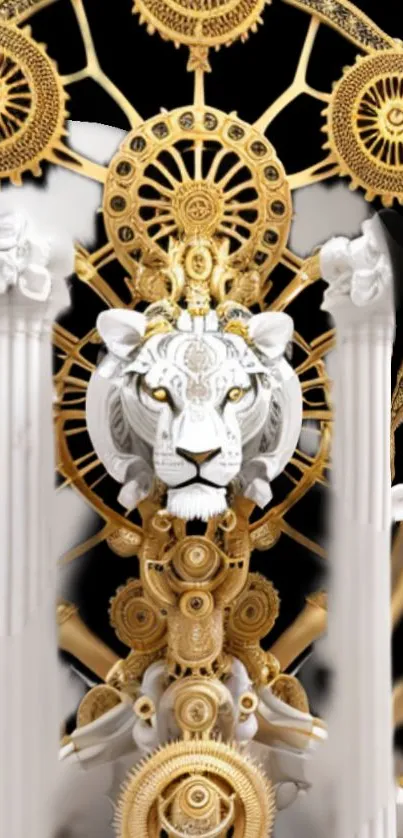 Golden mechanical lion with intricate gears on a white background.