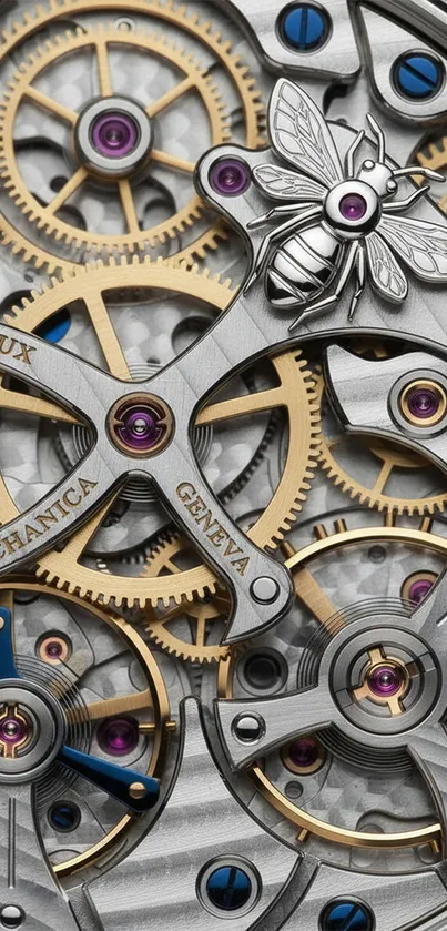 Intricate mechanical watch gears with golden cogs and detailed design.