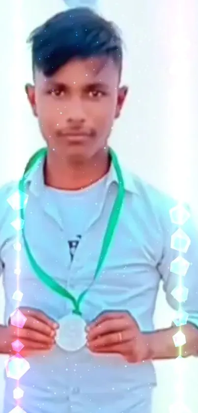 Young man with medal and green ribbon.