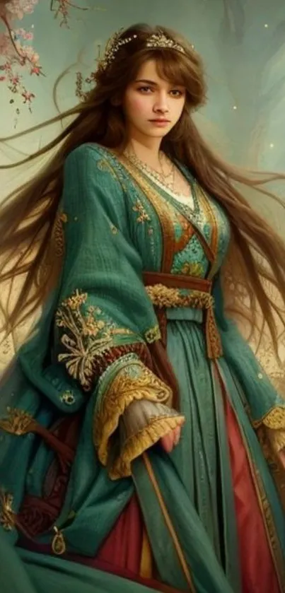 Elegant medieval woman in detailed teal dress with floral accents.