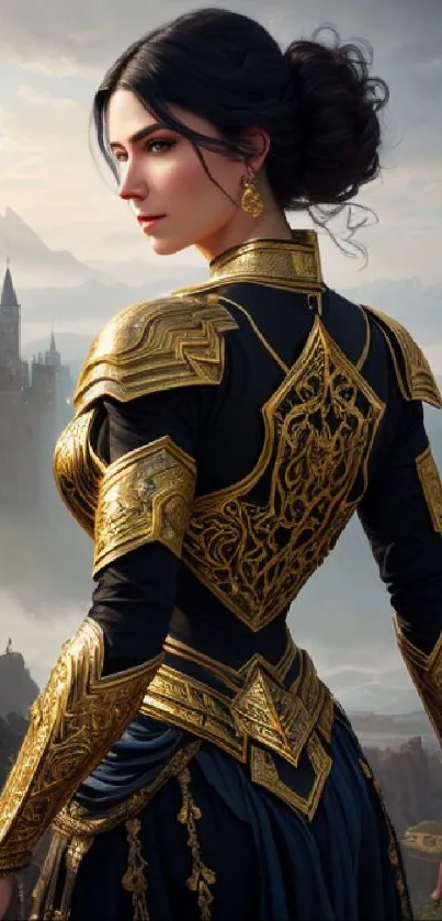 Elegant woman in gold armor overlooking misty castle landscape.