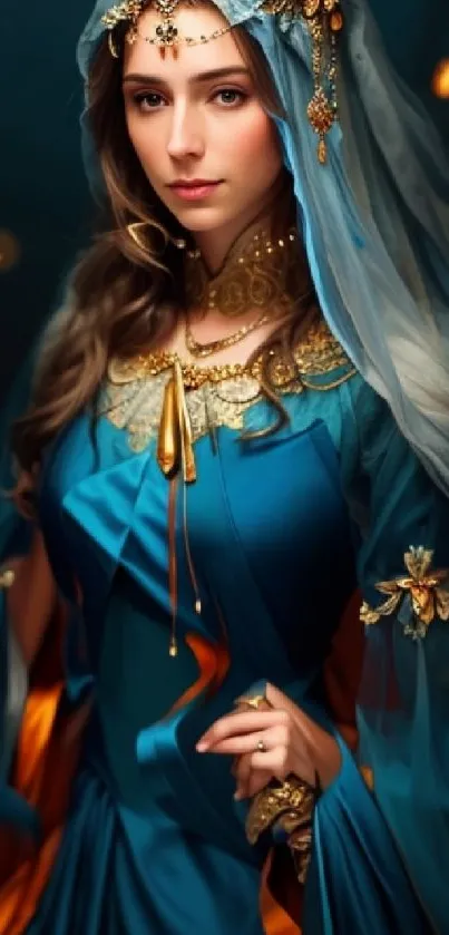 Medieval fantasy portrait in elegant blue attire with gold accents.