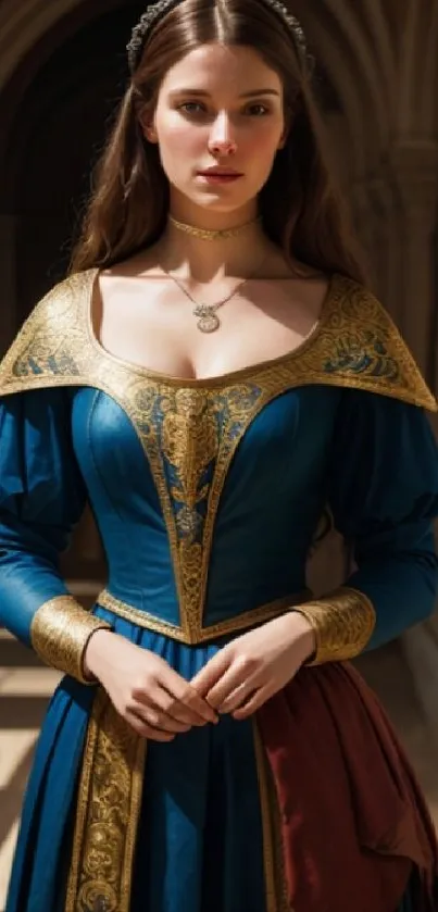 Elegant medieval lady in blue dress and gold details in a regal setting.