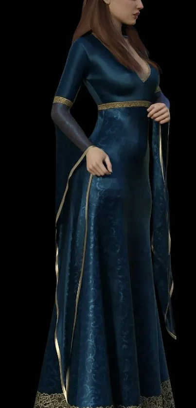 Woman in elegant medieval blue gown with gold accents on black background.