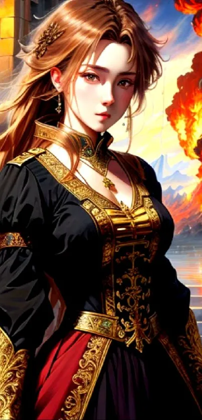 Medieval maiden in ornate attire with fiery backdrop, vibrant mobile wallpaper.