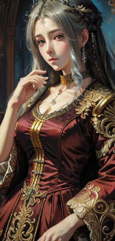 Elegant woman in rich burgundy medieval dress, fantasy art wallpaper.