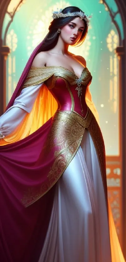 Elegant medieval princess in a lavish gown with a glowing backdrop.